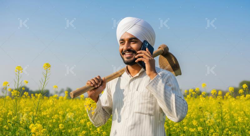 Happy Indian Farmer Talking on Phone in Mustard Field