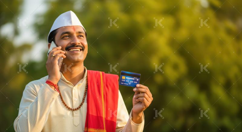 Happy Indian man with phone, credit card, traditional attire.
