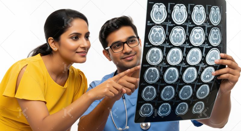 Indian doctor and patient review brain MRI scan together.