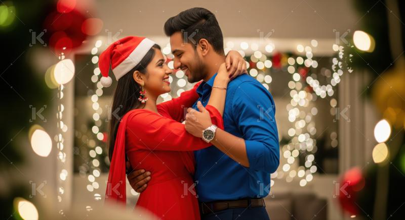 Joyful couple embraces, sharing a loving moment at Christmas.