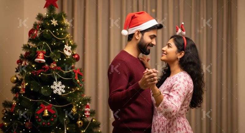 Happy Indian couple celebrates Christmas together, dancing in festive spirit.
