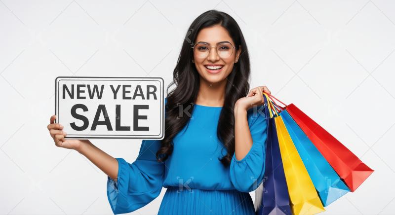 A cheerful woman celebrates New Year with shopping sale.