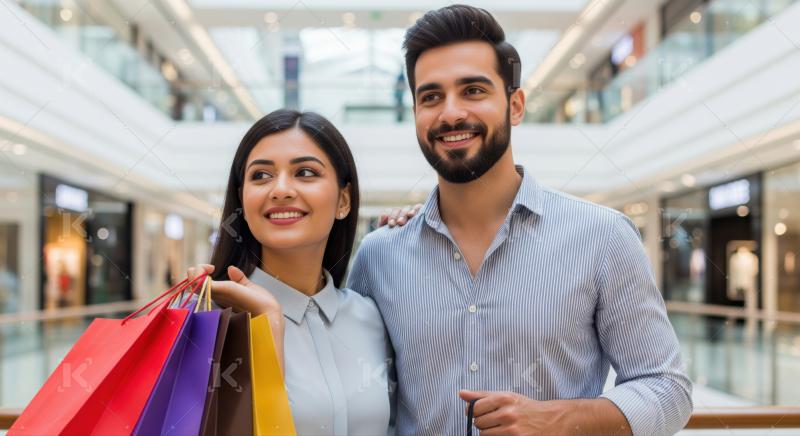 Young Indian couple enjoying a happy shopping day together.