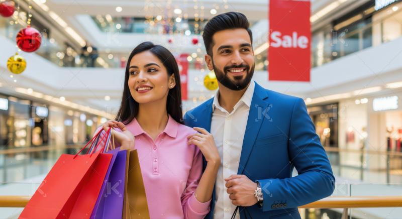 A happy young couple enjoys shopping during the holiday season.