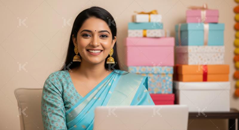 Happy woman in saree engaged with laptop, festive gifts background.