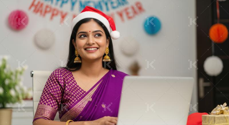 Happy Indian woman celebrating New Year with laptop and decor.