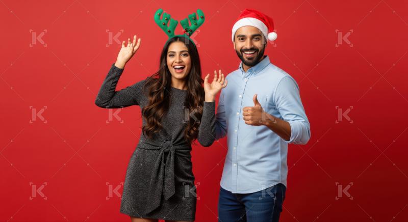 Joyful Indian couple spreading festive cheer on a vibrant red background.