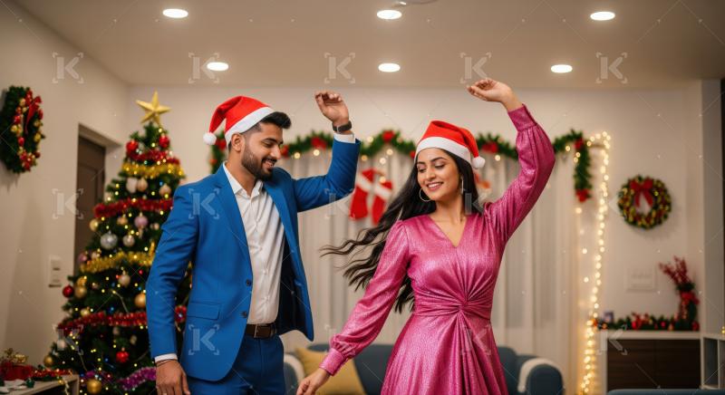 Happy couple celebrates Christmas, dancing joyfully in their decorated home.