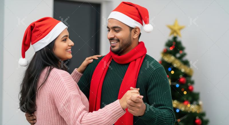 Happy young couple celebrating Christmas together with festive spirit.