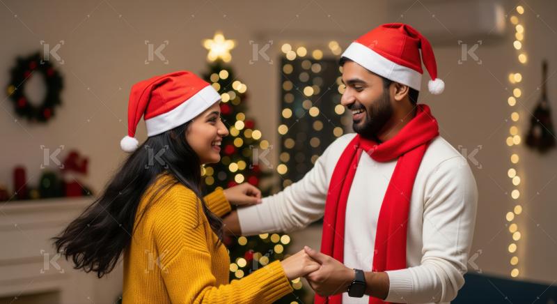 Joyful Indian couple celebrates Christmas together in their decorated home.