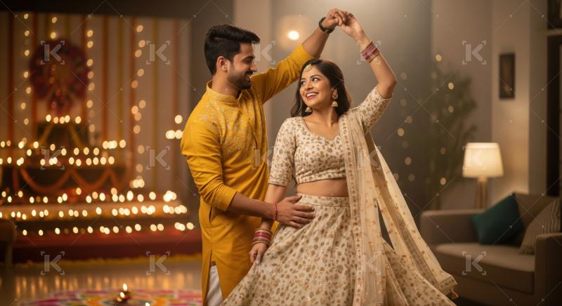 Young Indian couple dressed festively, joyfully celebrating Diwali festival together.