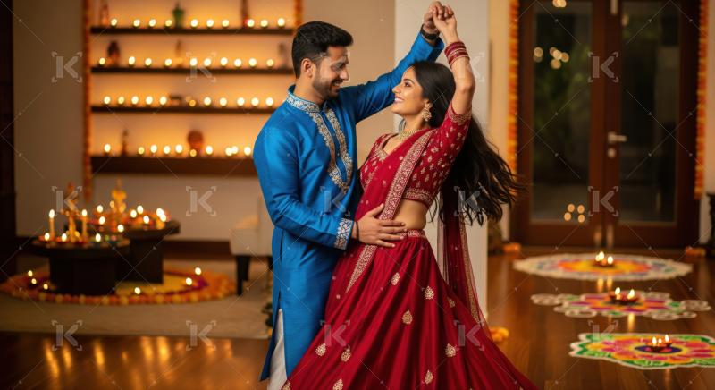 Young Indian couple celebrates Diwali with joyous traditional dance.