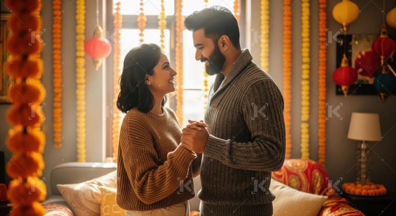 Happy Indian couple celebrating festival, holding hands, smiling warmly.