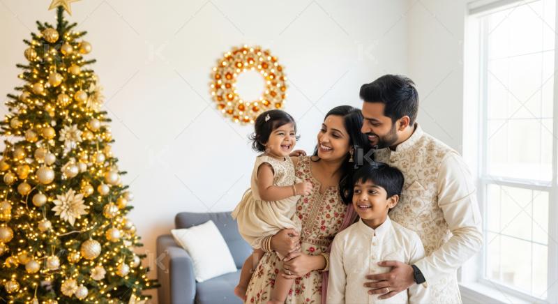 Joyful Indian family in traditional clothes enjoying festive celebrations indoors.