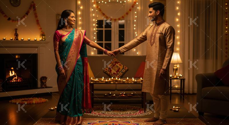Happy Indian couple celebrates a traditional festival in their home.