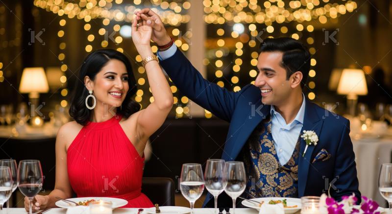 Happy Indian couple enjoying a romantic, festive dinner evening.