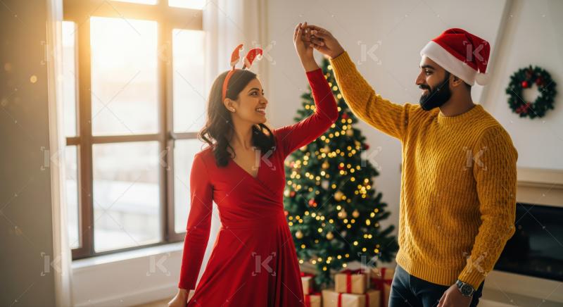 A happy couple enjoys festive Christmas dancing at home.