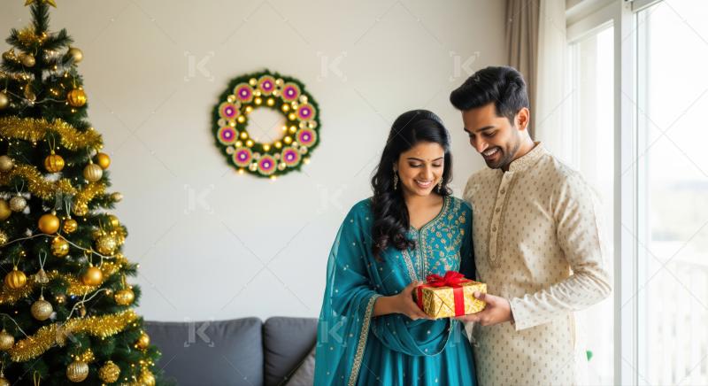 Happy Indian couple exchanging festive gift during holiday celebrations.
