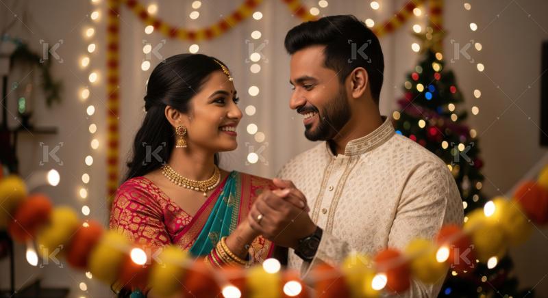 Joyful Indian couple celebrating together with love and festive lights.