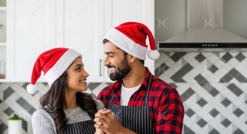 Young Indian couple wearing Santa hats preparing festive holiday meal.