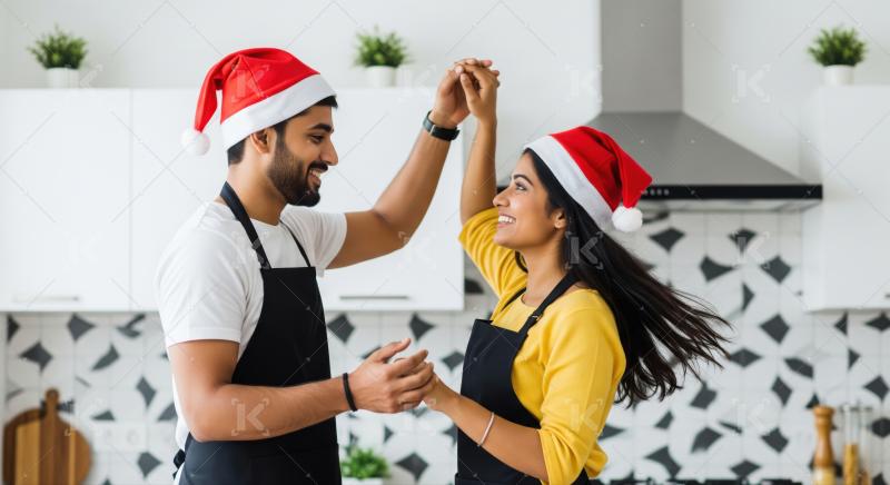Happy couple celebrating holidays, dancing joyfully together in kitchen.