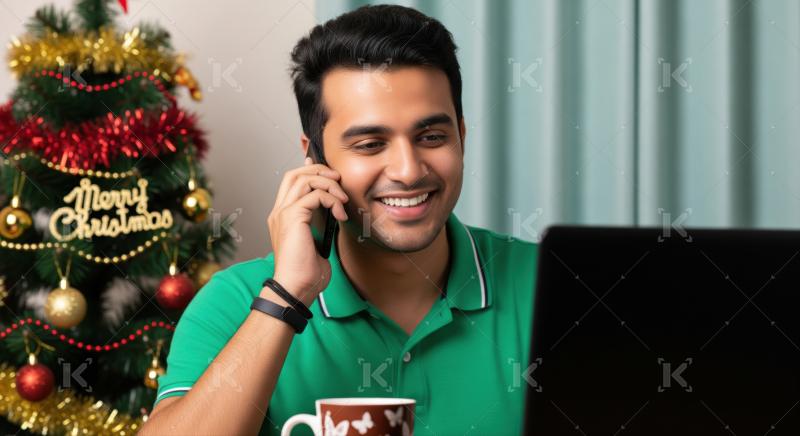 Happy young man enjoying a phone conversation during the festive season.