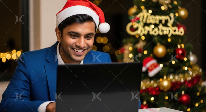 Cheerful man using laptop by festive Christmas tree at home.