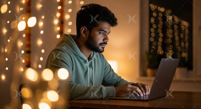 Young Indian man focused on laptop amidst glowing string lights.