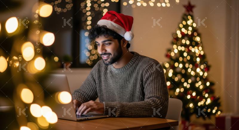 Man in Santa hat happily engages with laptop amidst Christmas decorations.