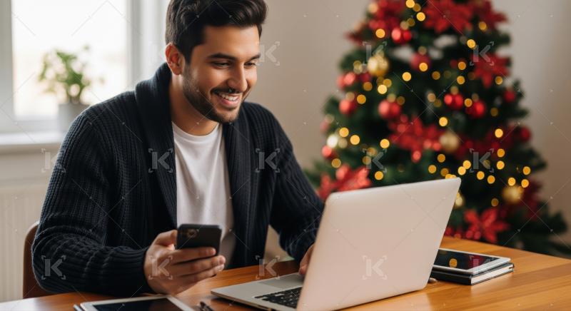 Young man smiling, using laptop and phone at home.