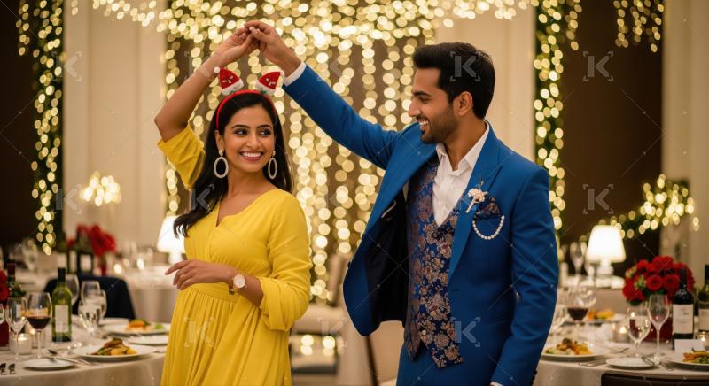 Joyful Indian couple celebrates holiday season with festive lights.