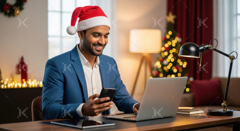 Young man in Santa hat smiling, using phone at desk.