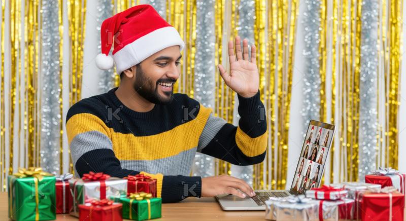 Man waves during virtual holiday celebration with festive gifts.