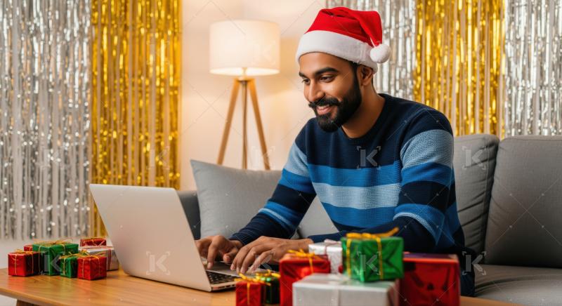 Smiling man uses laptop surrounded by Christmas gifts happily.