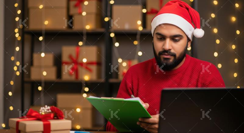 Entrepreneur diligently handles Christmas gift orders for his online shop.