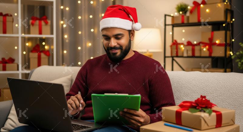 He's joyfully planning gifts, surrounded by festive Christmas decorations at home.