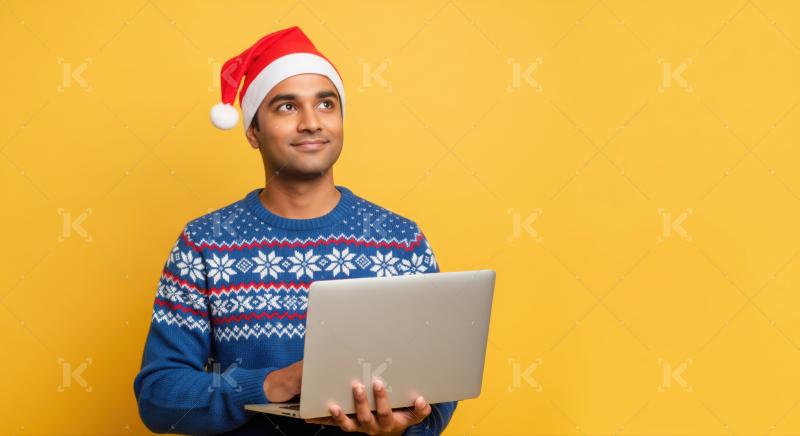 Happy man in festive sweater contemplating with laptop.