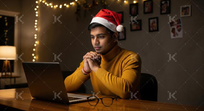 Focused man in Santa hat working on laptop at night.