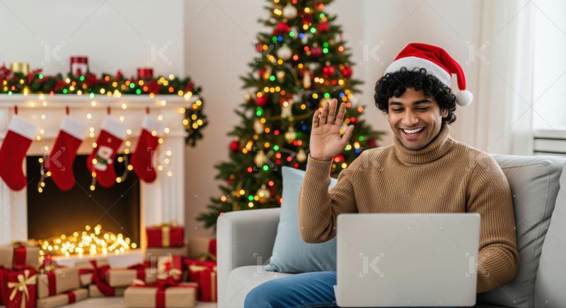 Joyful man enjoying Christmas video call with festive background decorations.