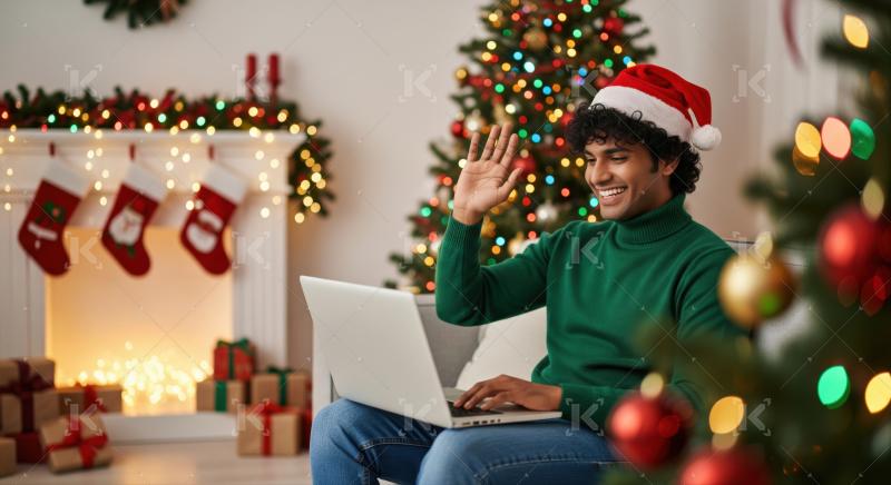 Smiling man enjoying Christmas video call in festive home.