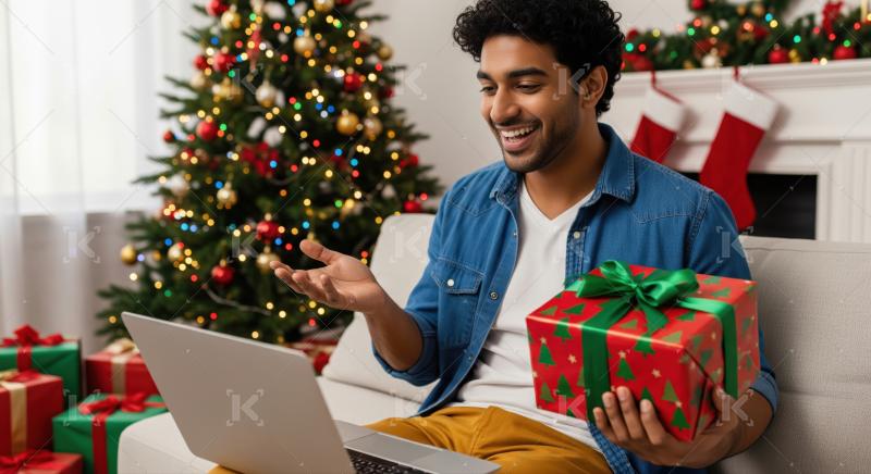 Joyful man shares Christmas gift during a festive video call.