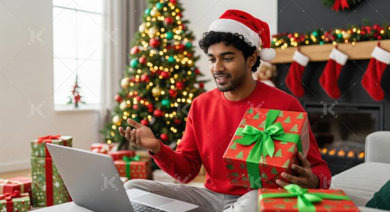 Young man celebrates Christmas remotely, holding a festive gift.