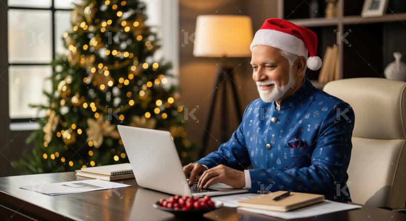 Happy senior man working from home during the festive season.