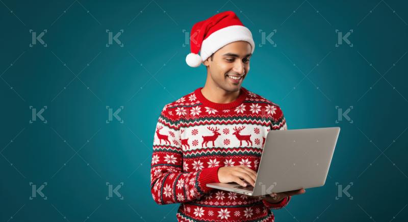 Young man joyfully using laptop, ready for holiday season.