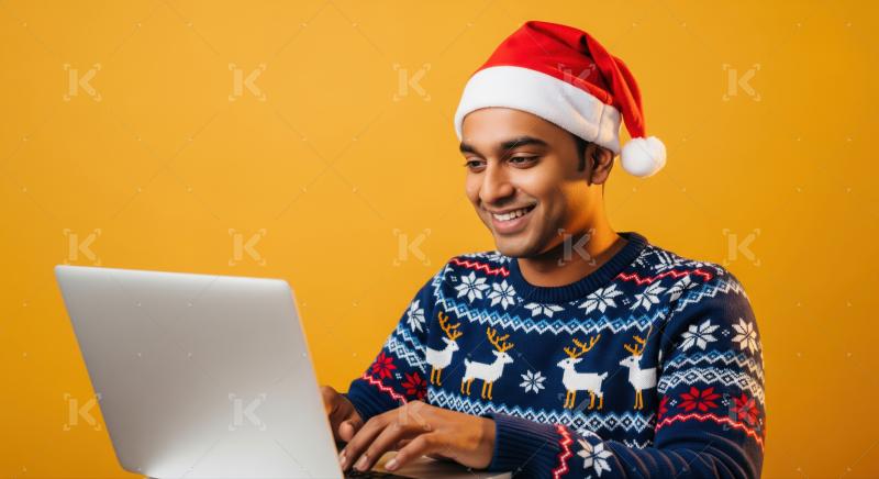 Joyful man wearing Christmas hat and sweater with laptop.