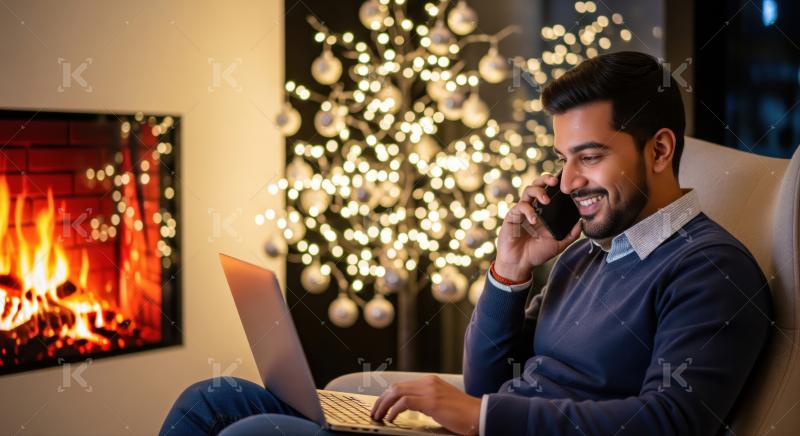 Happy man connecting, working by warm fireplace with festive lights.