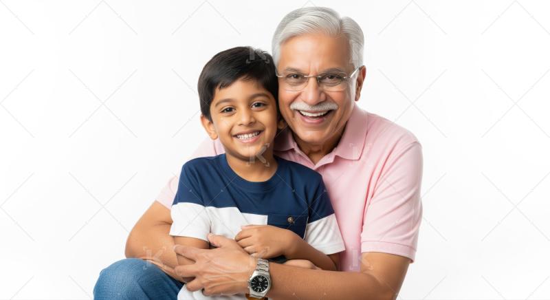 Happy Indian grandfather embraces grandson, sharing a joyful moment.