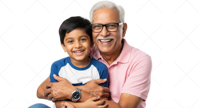 Joyful Indian grandfather embraces his grandson, showing strong family love.