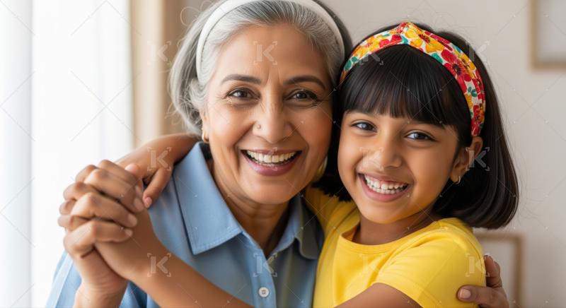 Joyful Indian grandmother and granddaughter embrace, sharing happy moments together.