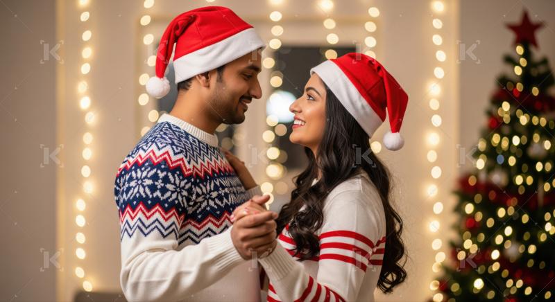 Happy couple enjoys festive Christmas evening, sharing warmth and joy.